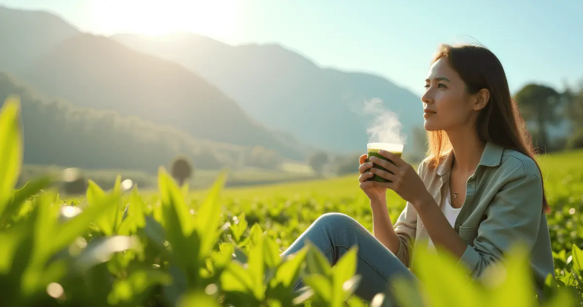 A person enjoying a cup of green tea surrounded by lush tea leaves, symbolizing wellness and vitality.