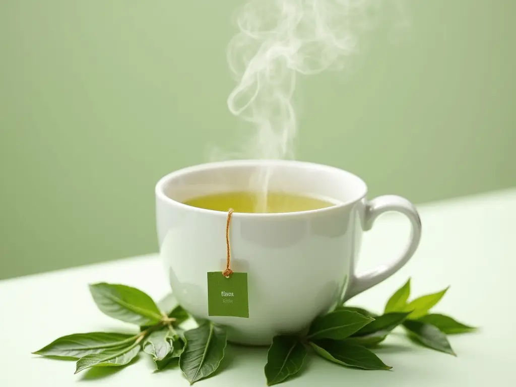 A simple tea bag with a green label in a white ceramic cup filled with green tea, surrounded by fresh tea leaves.