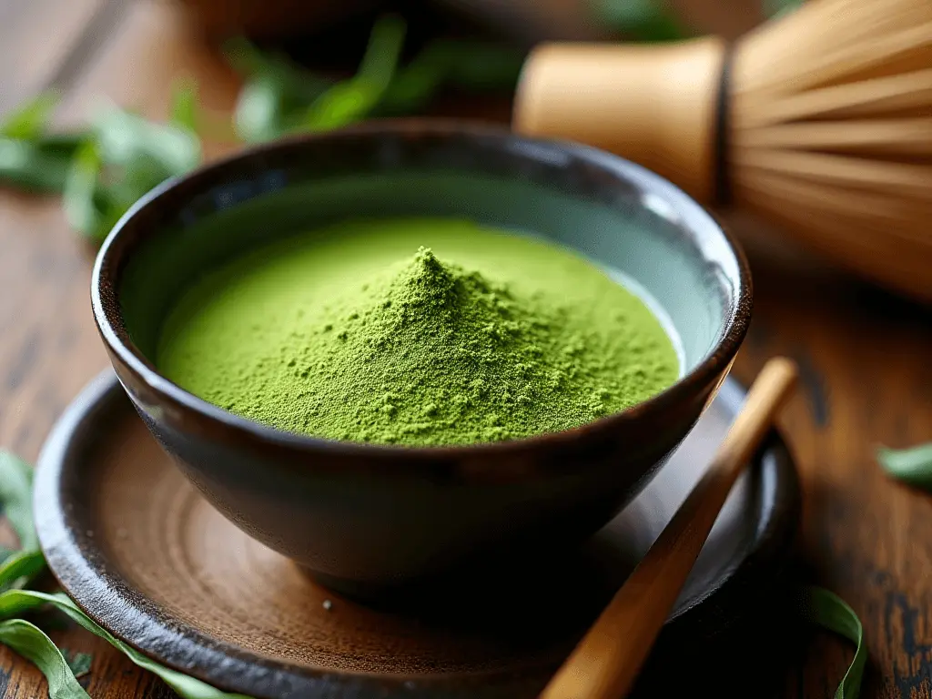 A bowl of vibrant green matcha tea with a bamboo whisk beside it, surrounded by fresh tea leaves.