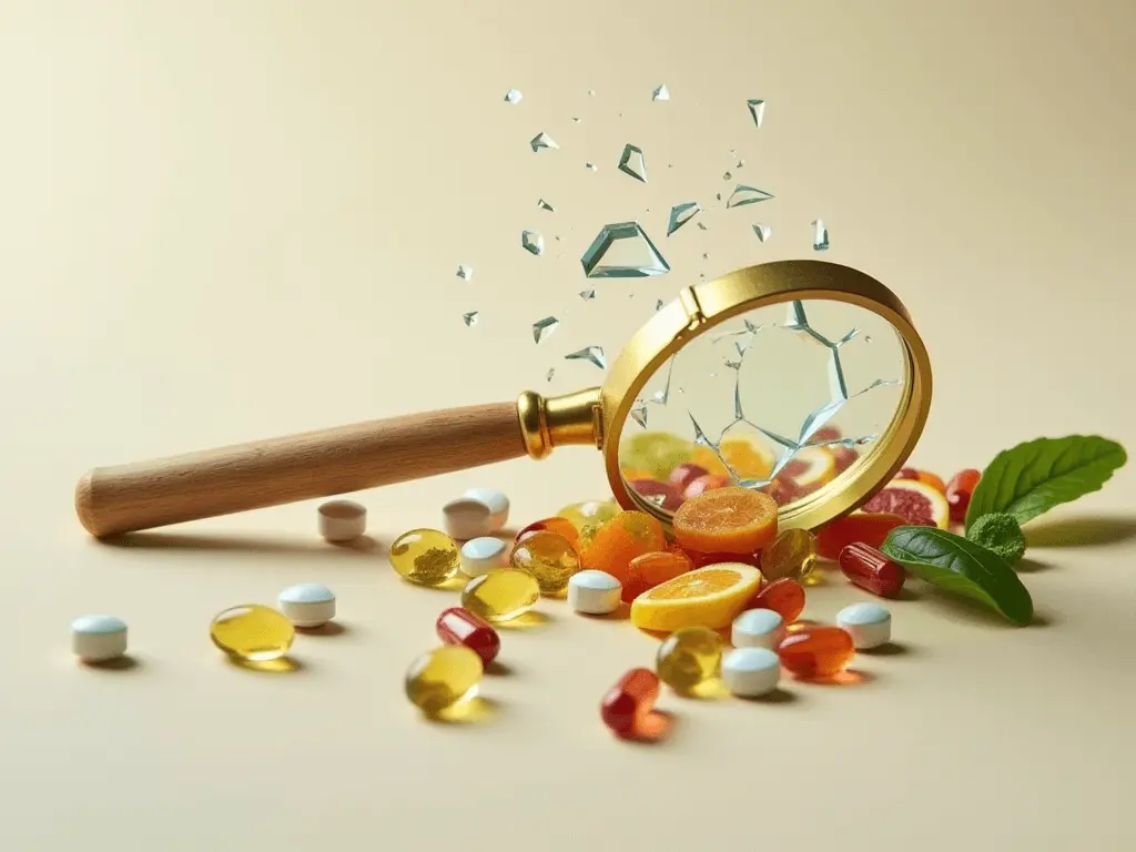 A broken magnifying glass over scattered vitamin pills and food items, symbolizing the debunking of myths about vitamins and metabolism.