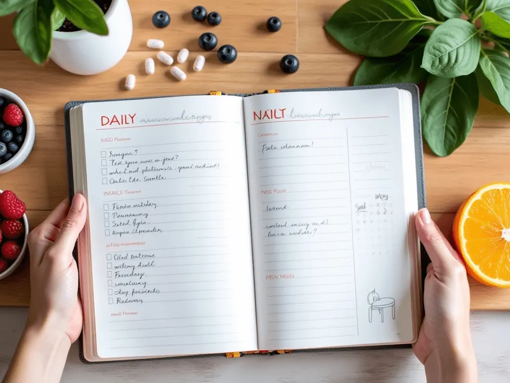 A vibrant daily planner surrounded by fresh produce and vitamin capsules, symbolizing a structured metabolism-boosting routine.