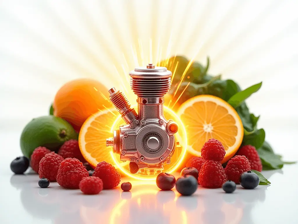 A glowing engine surrounded by vibrant fruits and vegetables symbolizing metabolism and energy production.