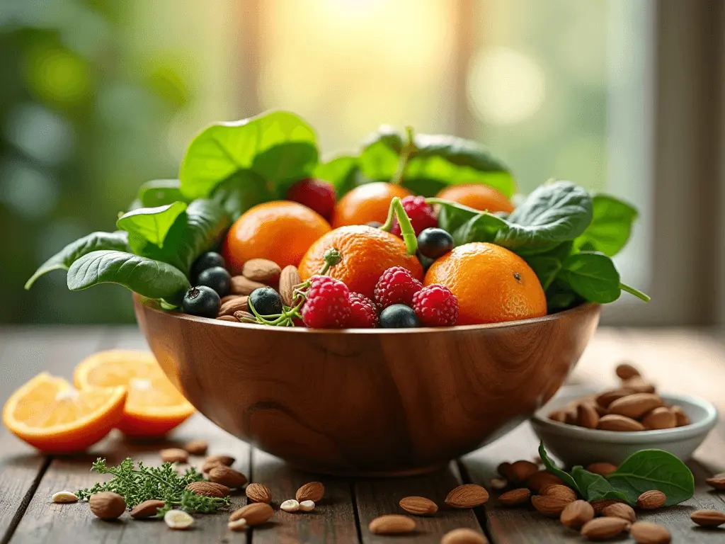 A wooden bowl filled with fresh fruits, vegetables, and nuts, symbolizing natural sources of metabolism-boosting vitamins.