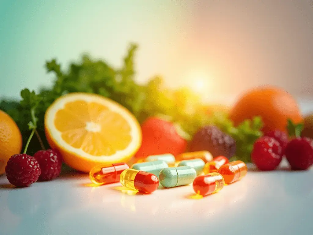 A vibrant display of vitamin capsules and fresh produce radiating energy, symbolizing their role in boosting metabolism.