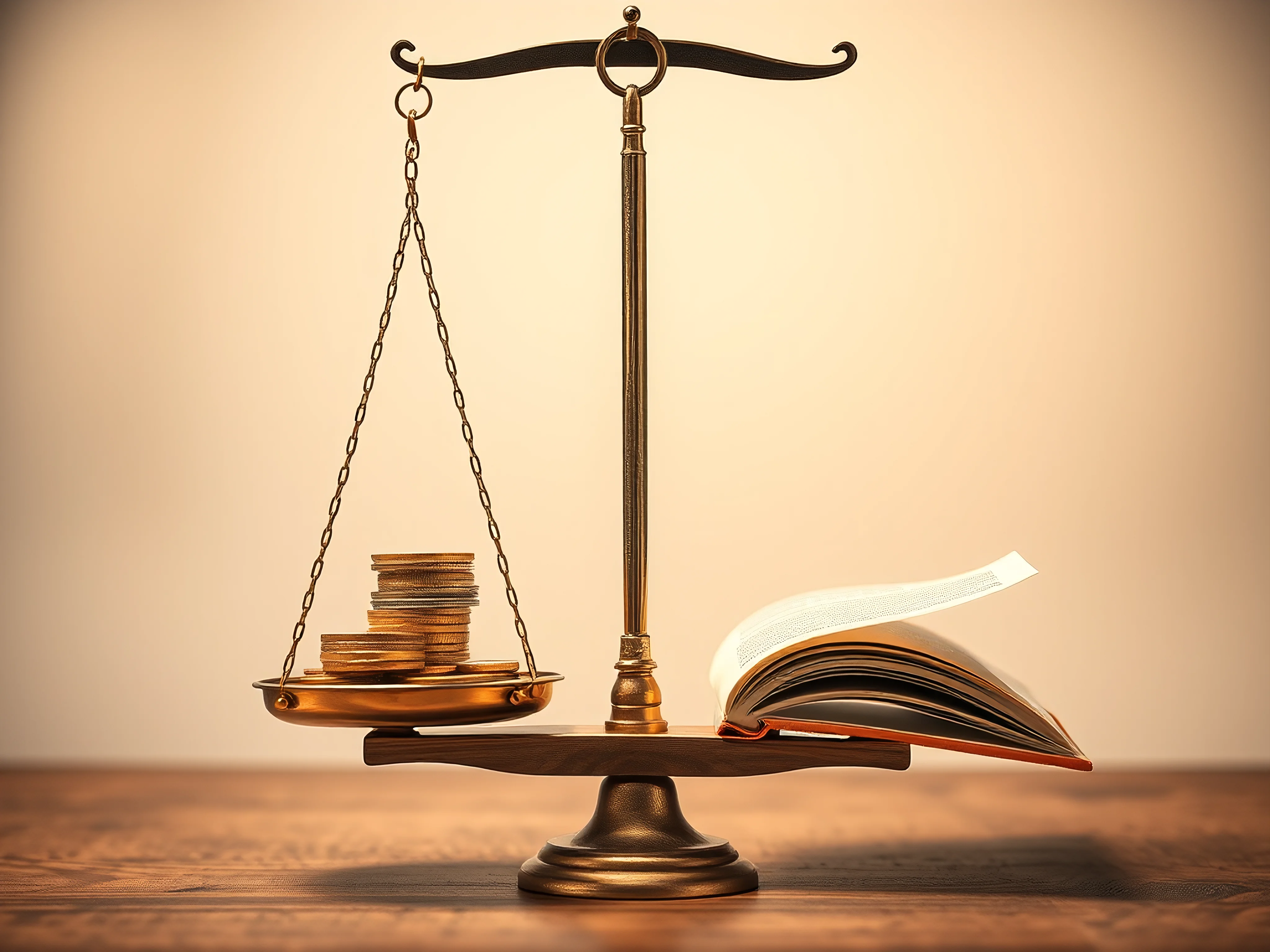 Balance scale weighing gold coins against an open book.