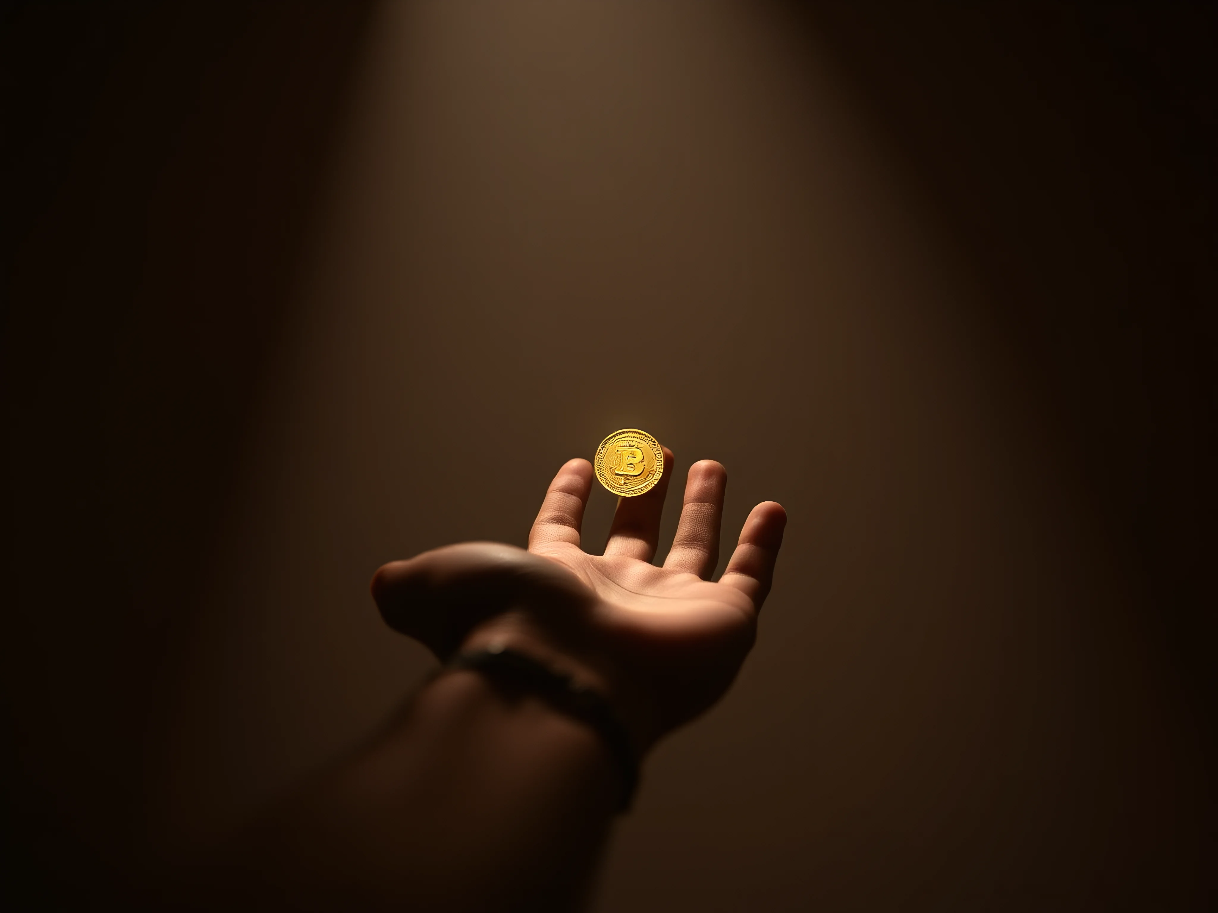 Human hand reaching for a glowing gold coin in dramatic light.