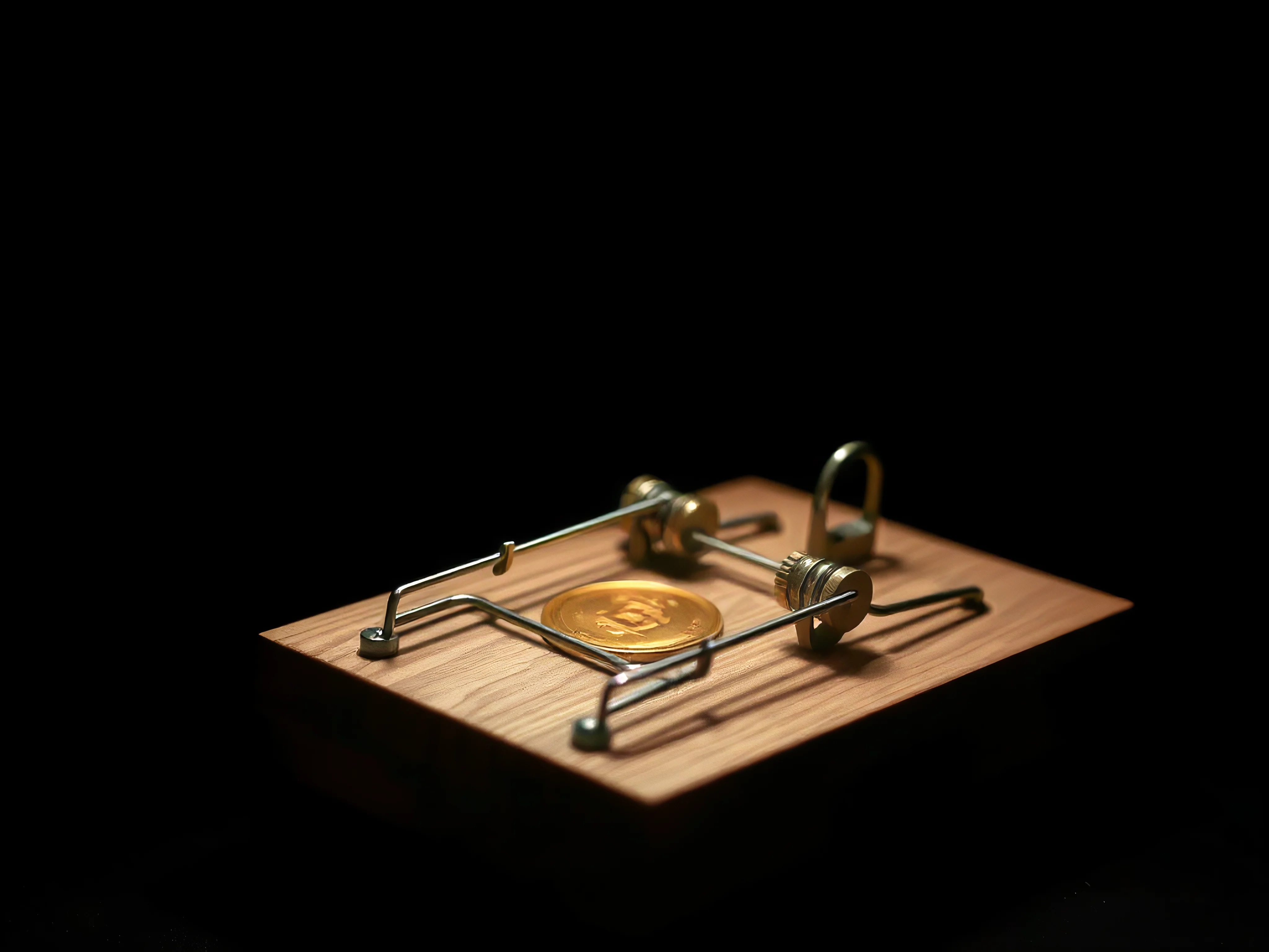 Wooden mousetrap with a glowing gold coin, dramatic lighting.