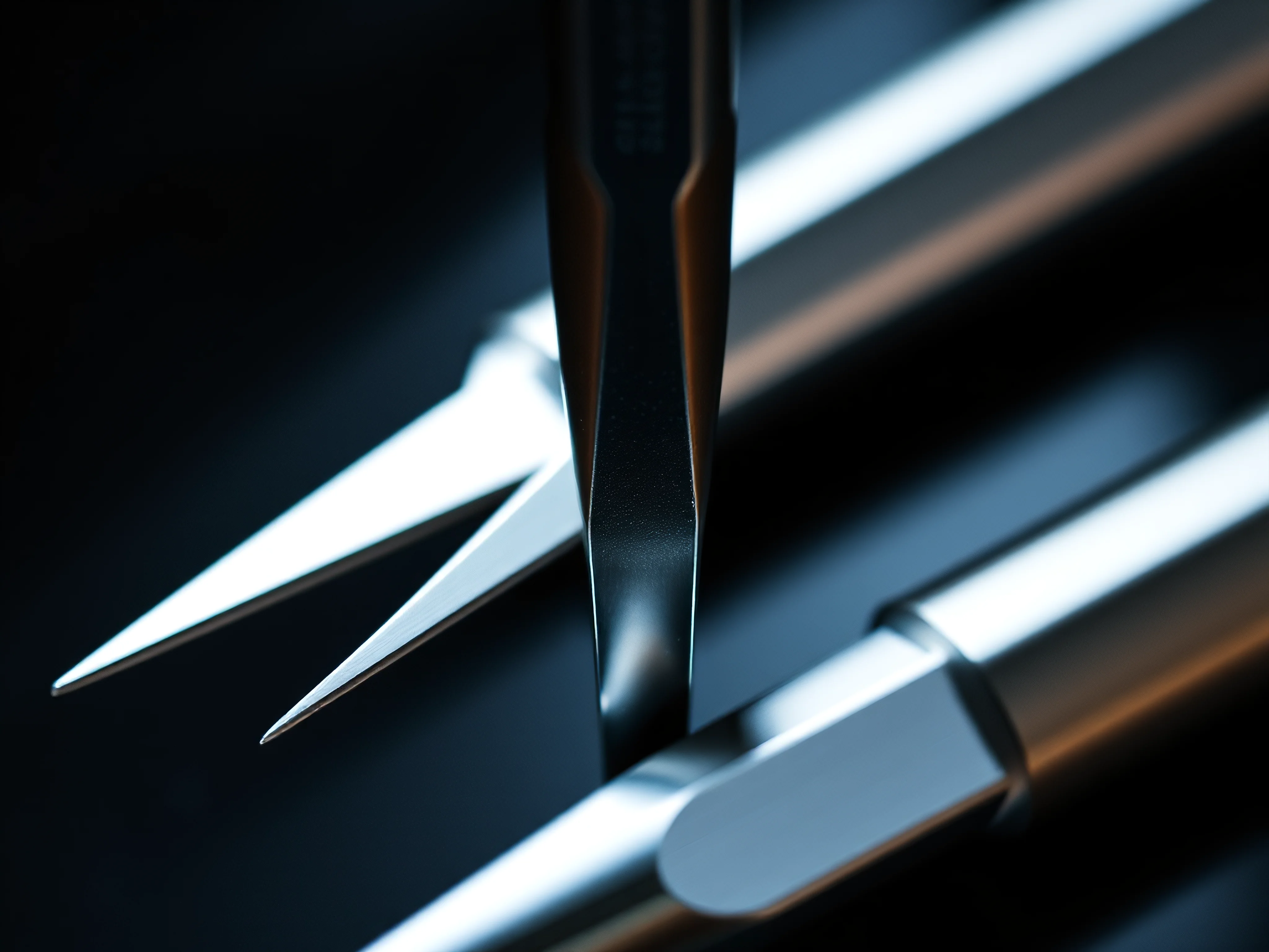 Three gleaming metallic precision tools.