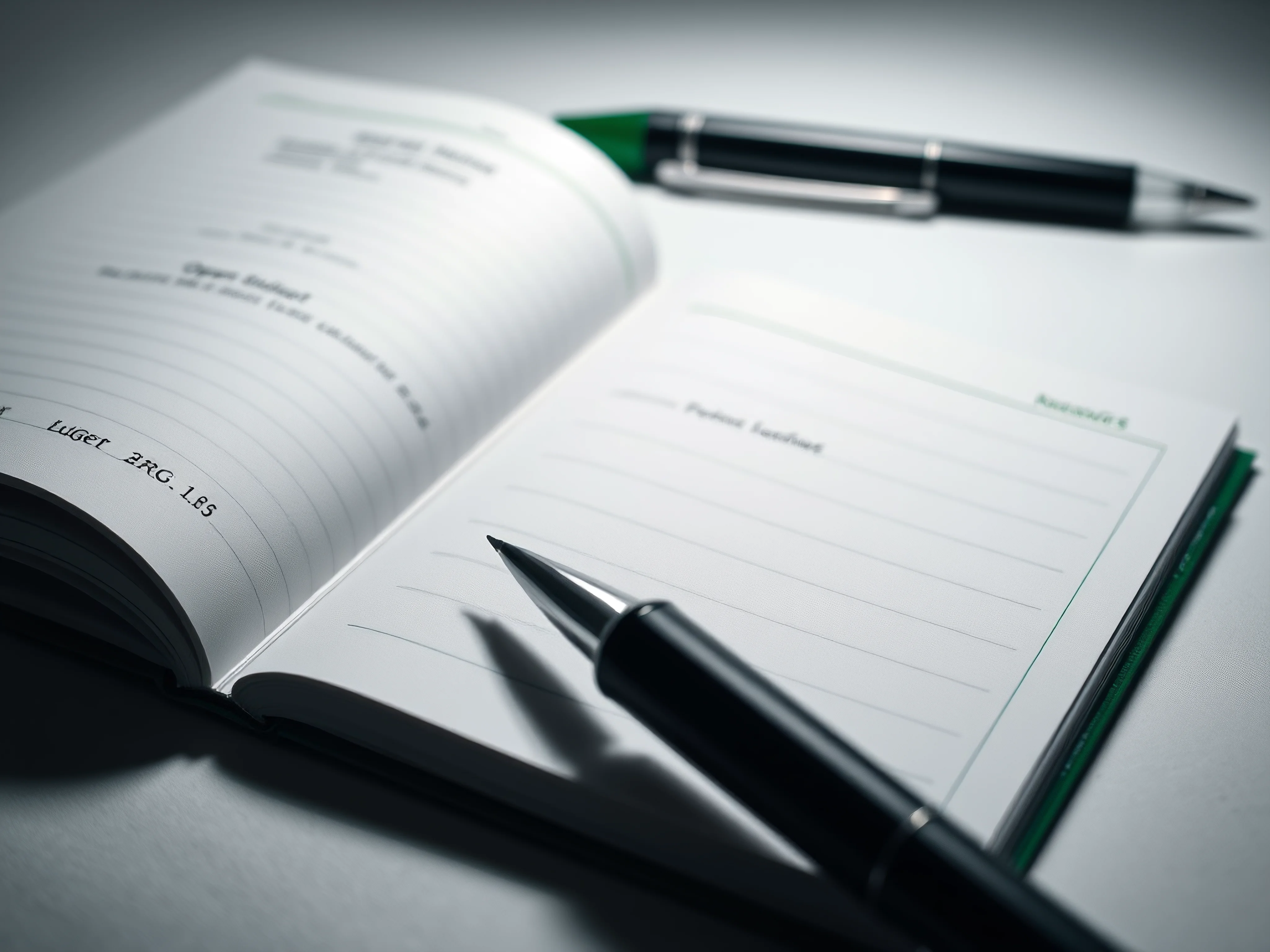 Close-up of an open budget ledger with a pen, monochromatic with subtle green accents.