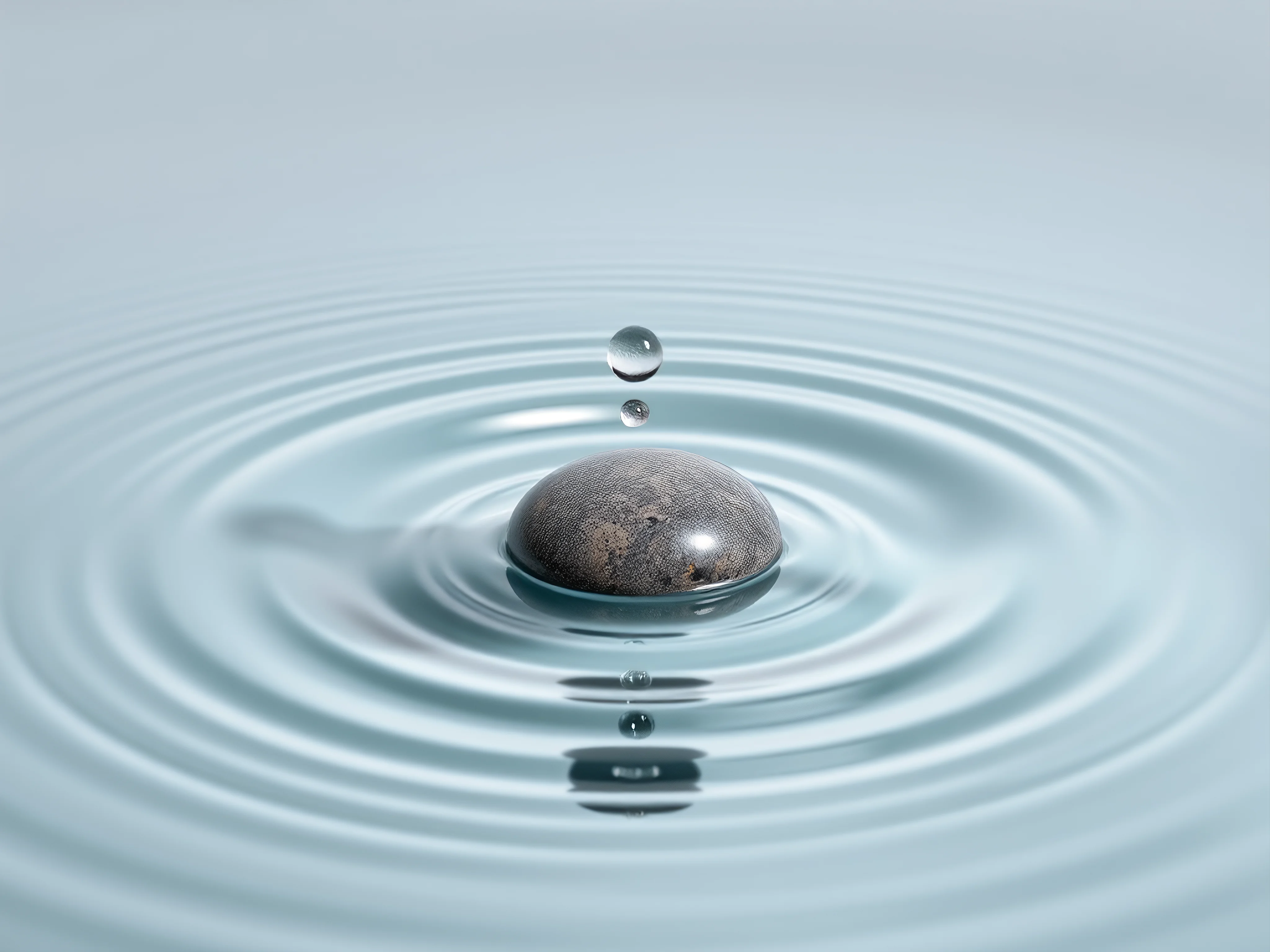 Polished river stone dropping into water, creating concentric ripples. Minimalist, cool tones, close-up.